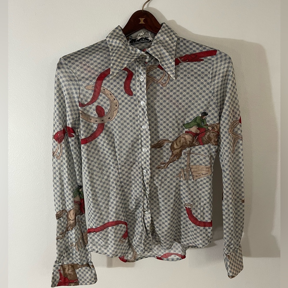 Vintage Disco Button Up Wayne Rogers 100% Nylon Shirt Horses Size 13/14 L
